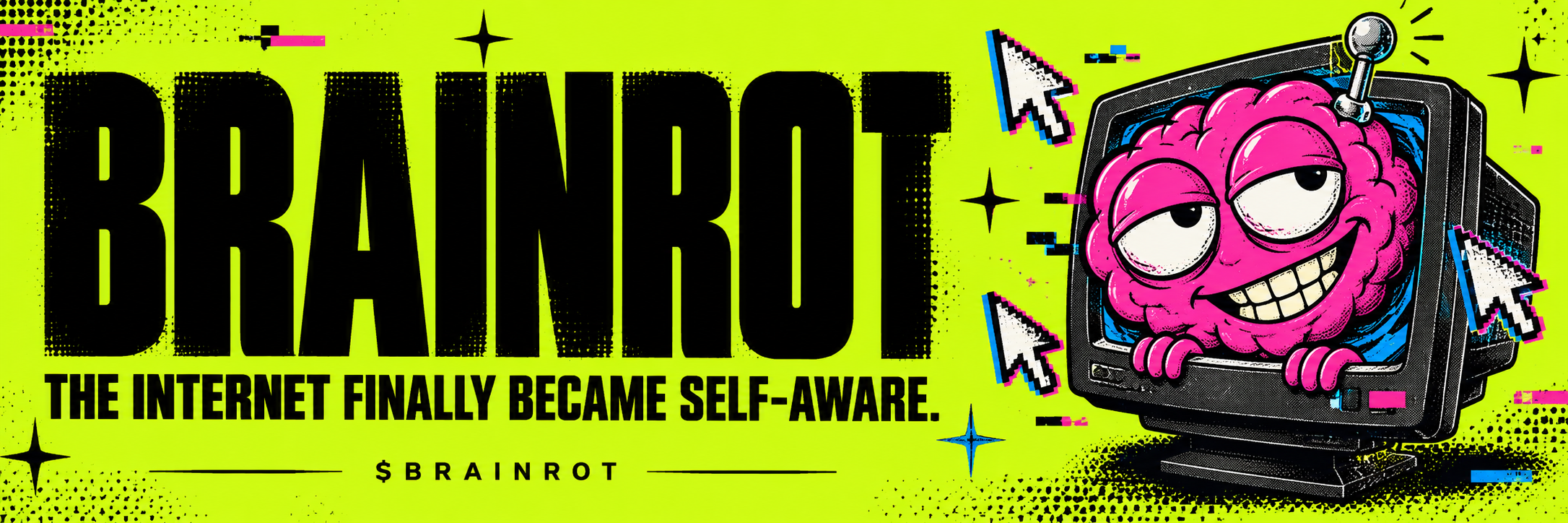Original BRAINROT neon lime banner with the pink brain computer mascot